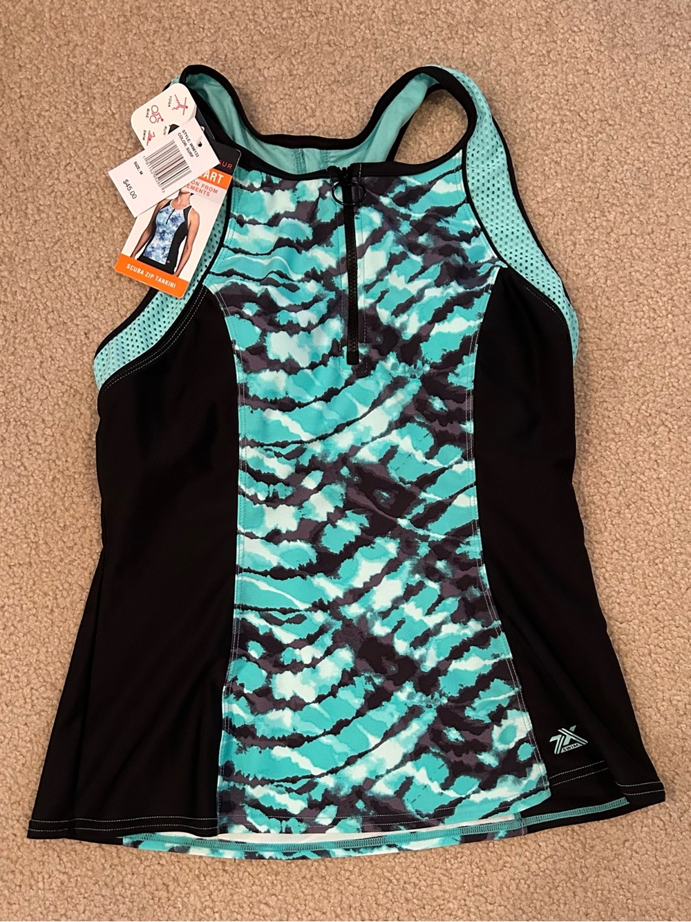 ZeroXposur Aqua & Black Tie-Dye Zip-Front Swim Tank